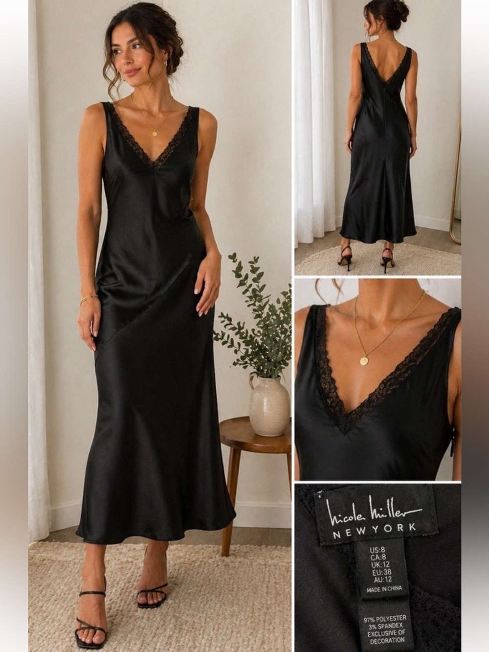 Nicole Miller Black Satin Maxi Slip Dress with Lace V-Neck